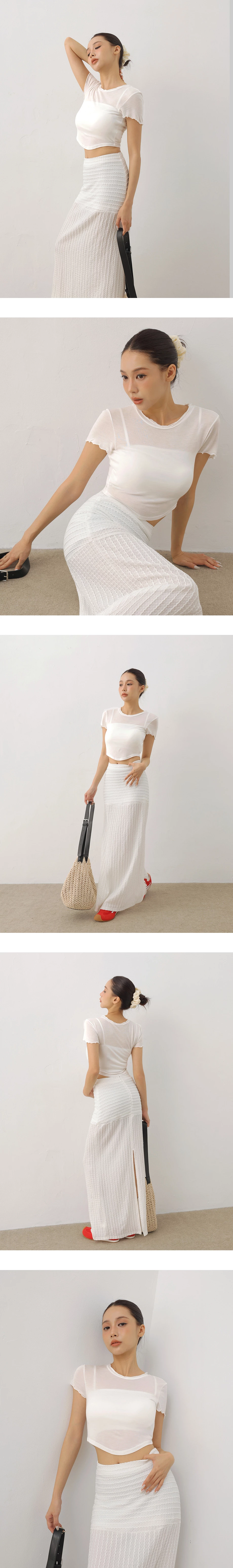 圓領木耳邊圓弧下擺短袖短版上衣