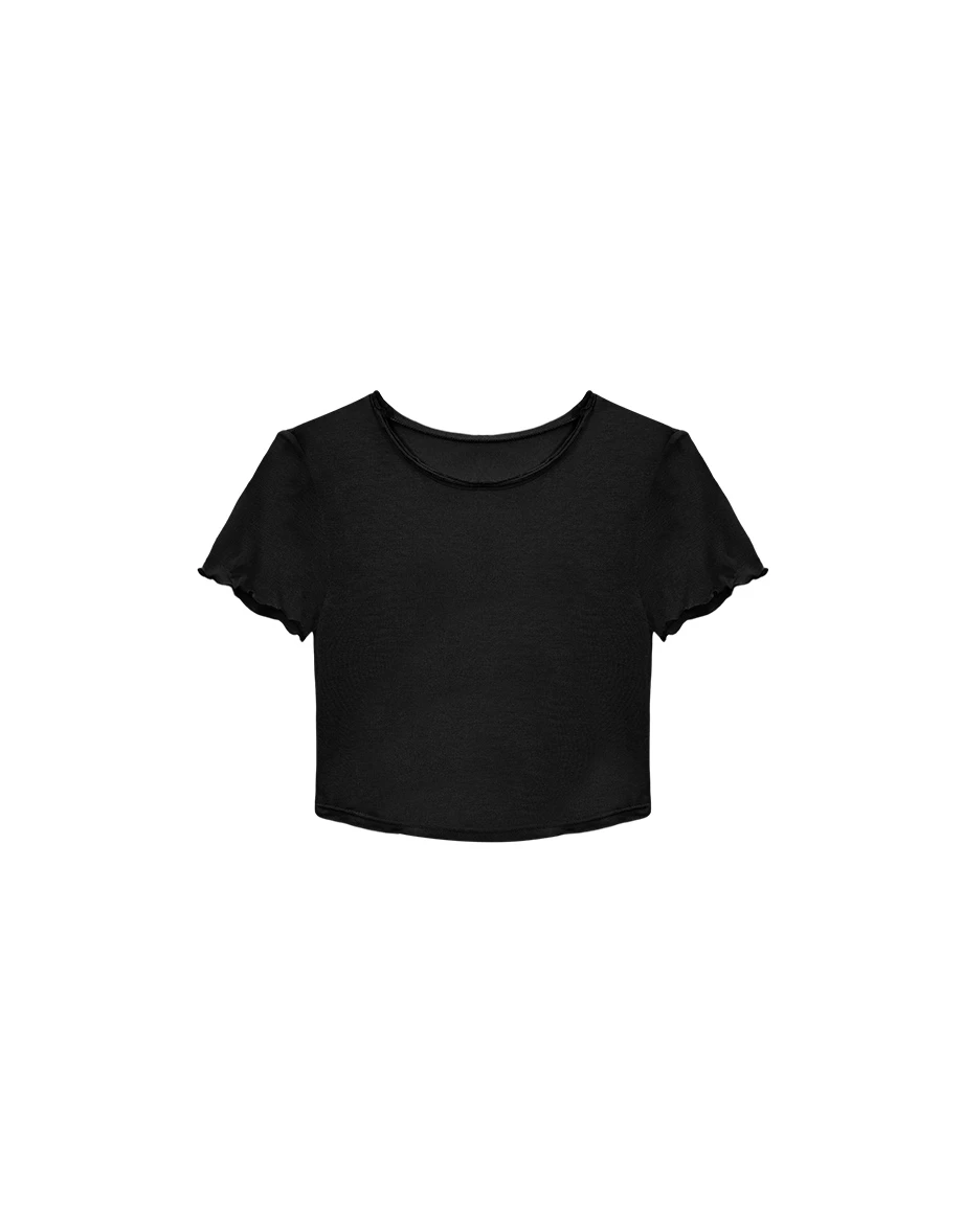 圓領木耳邊圓弧下擺短袖短版上衣