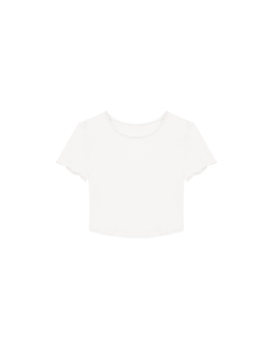 圓領木耳邊圓弧下擺短袖短版上衣