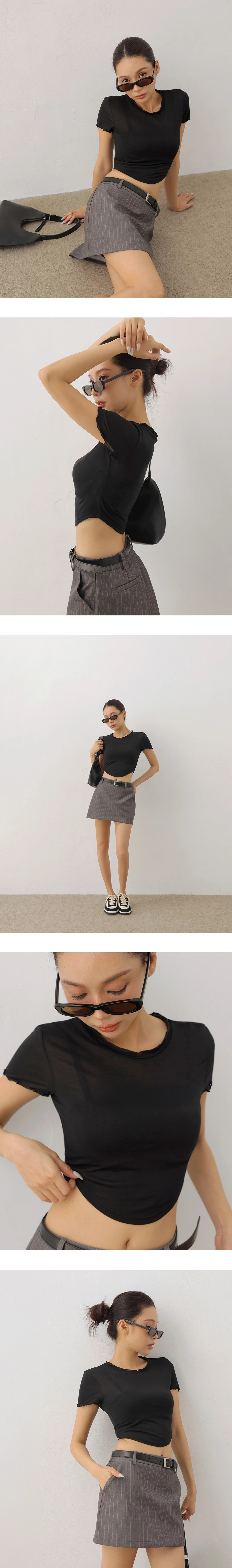 圓領木耳邊圓弧下擺短袖短版上衣