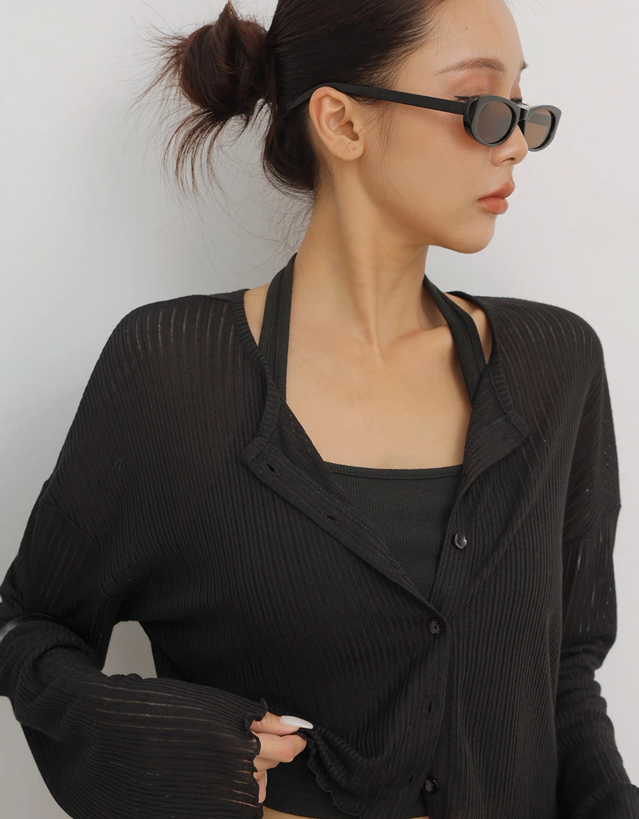 圓領落肩長袖排扣木耳邊羅紋開襟衫