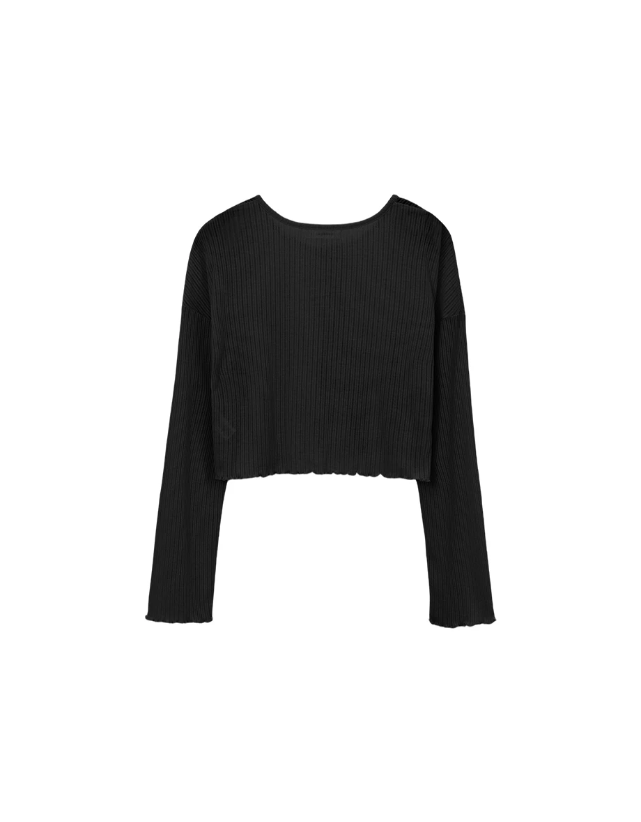 圓領落肩長袖排扣木耳邊羅紋開襟衫