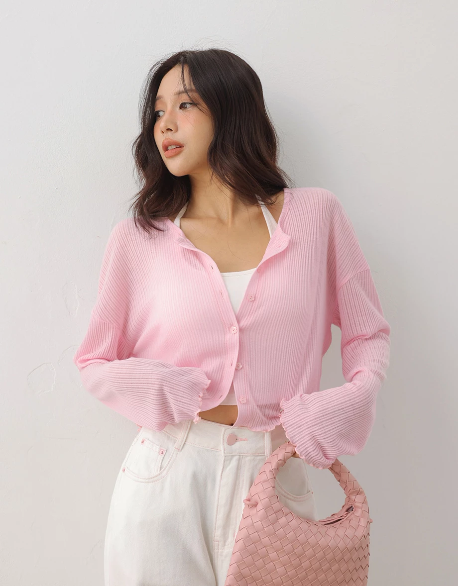 圓領落肩長袖排扣木耳邊羅紋開襟衫