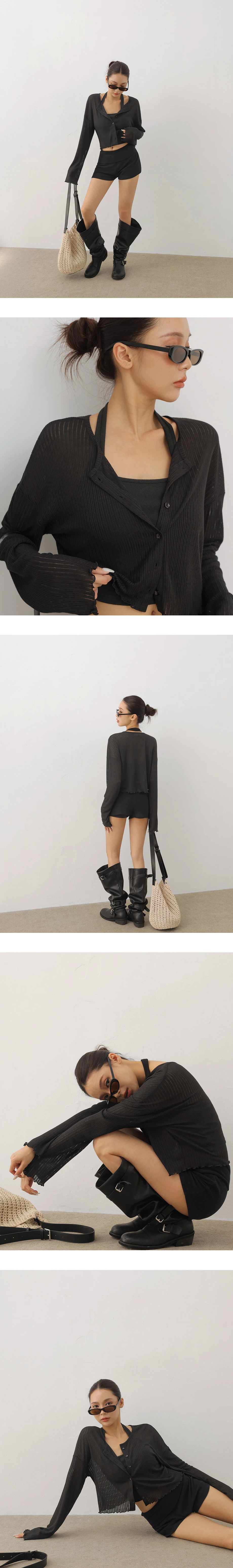 圓領落肩長袖排扣木耳邊羅紋開襟衫