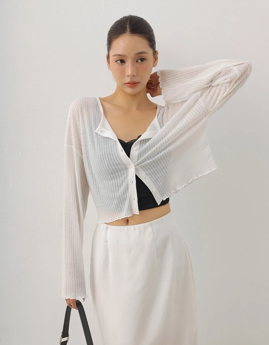 圓領落肩長袖排扣木耳邊羅紋開襟衫