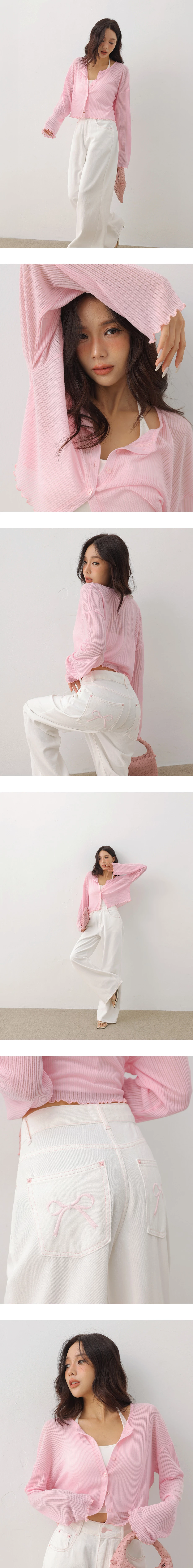 圓領落肩長袖排扣木耳邊羅紋開襟衫