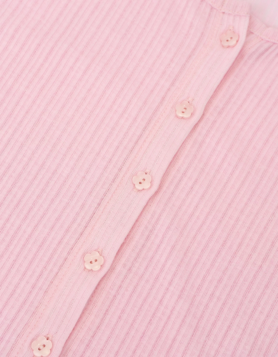 圓領落肩長袖排扣木耳邊羅紋開襟衫