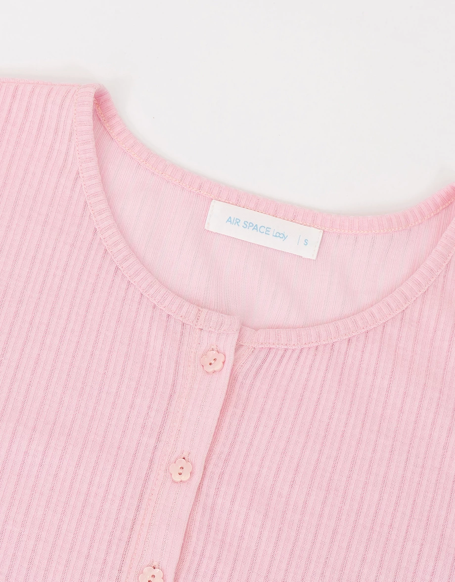 圓領落肩長袖排扣木耳邊羅紋開襟衫