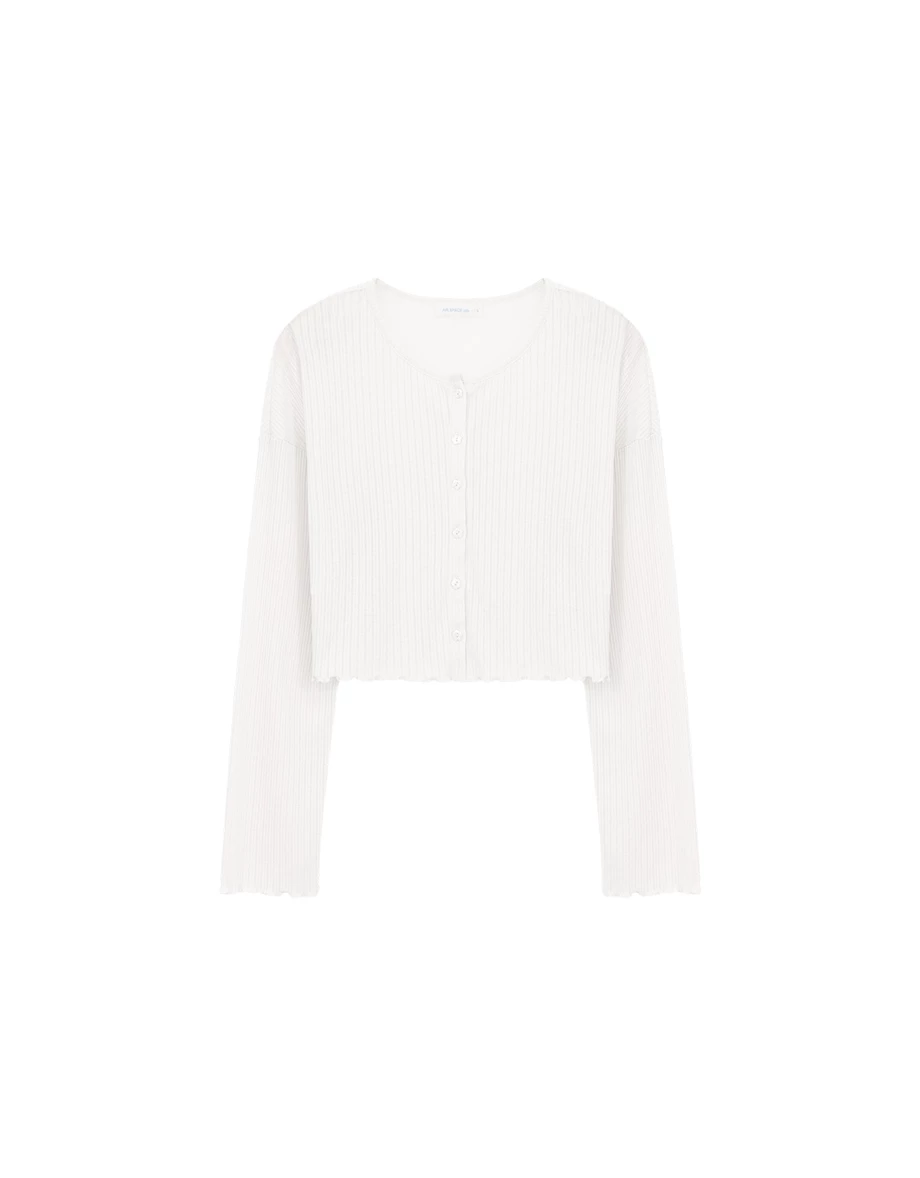 圓領落肩長袖排扣木耳邊羅紋開襟衫