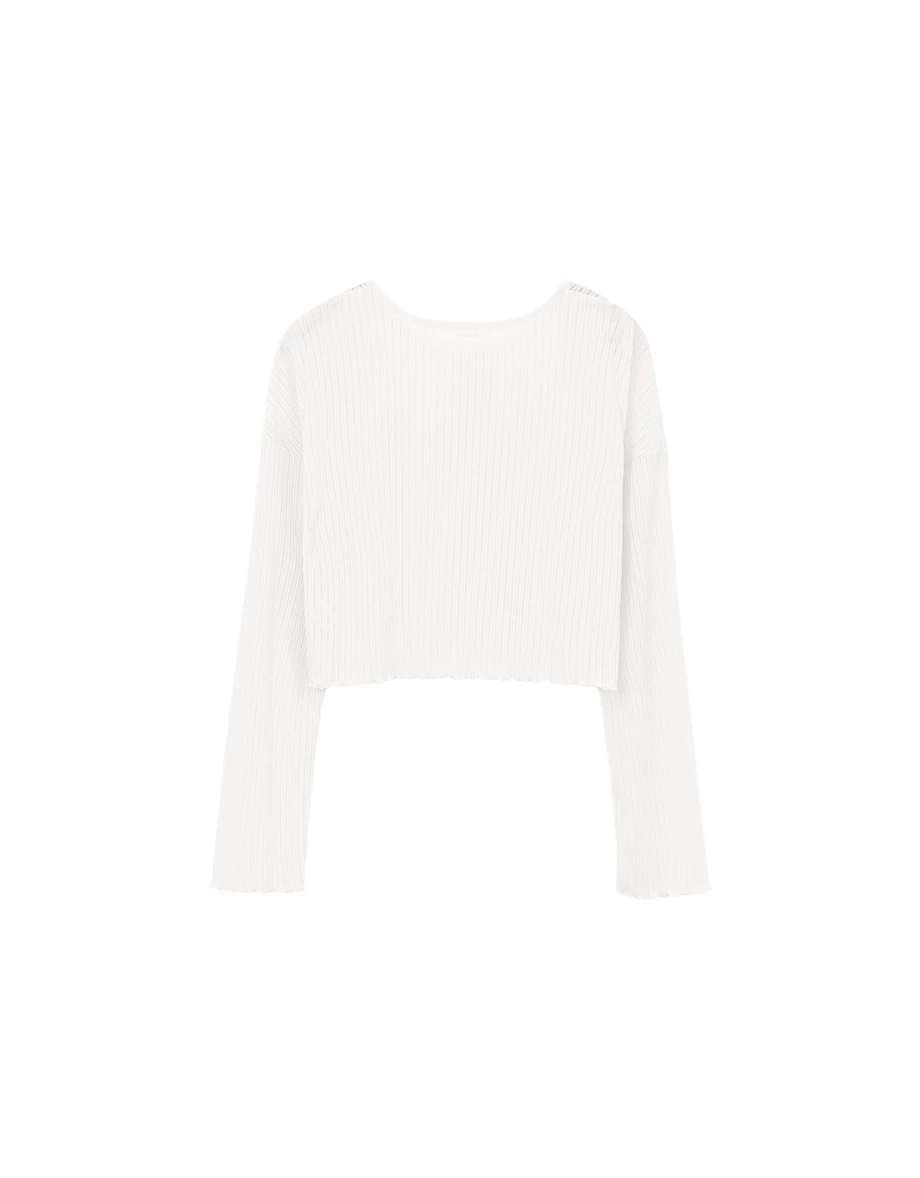 圓領落肩長袖排扣木耳邊羅紋開襟衫