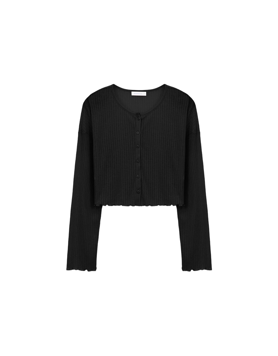 圓領落肩長袖排扣木耳邊羅紋開襟衫