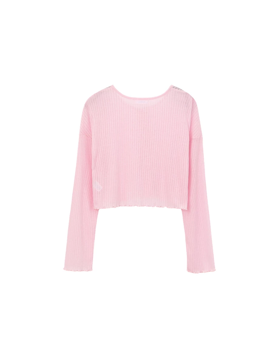 圓領落肩長袖排扣木耳邊羅紋開襟衫