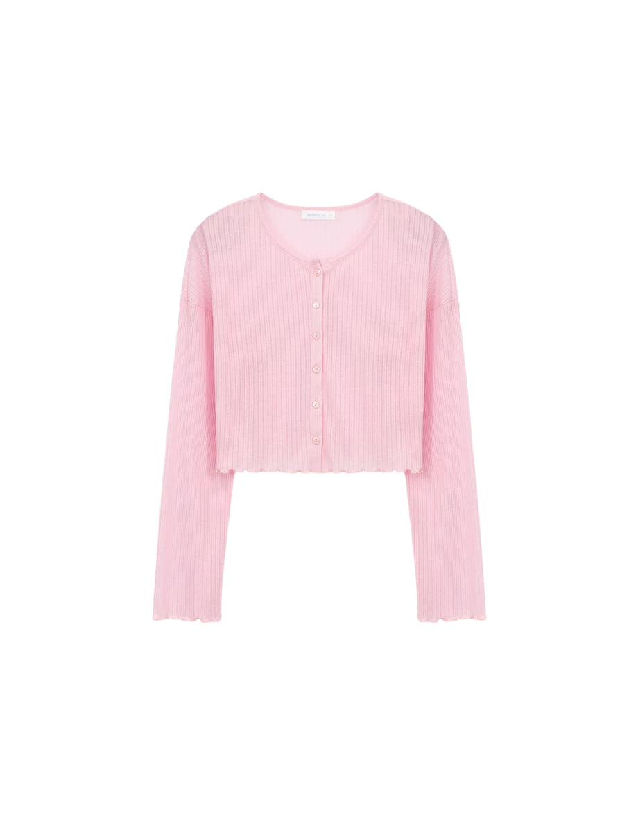 圓領落肩長袖排扣木耳邊羅紋開襟衫