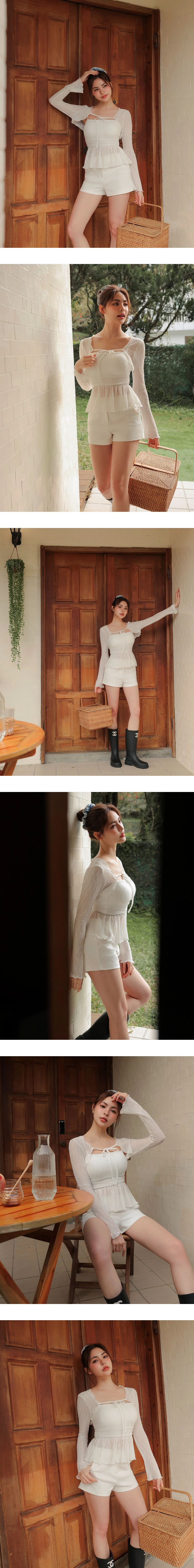 綁帶開襟木耳邊長袖蕾絲罩衫荷葉下擺細肩帶背心套裝(附胸墊)