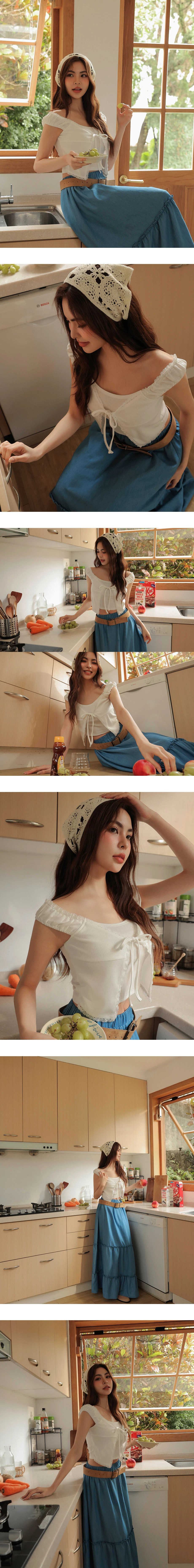 假兩件大圓領蕾絲滾邊綁帶羅紋短袖短版上衣