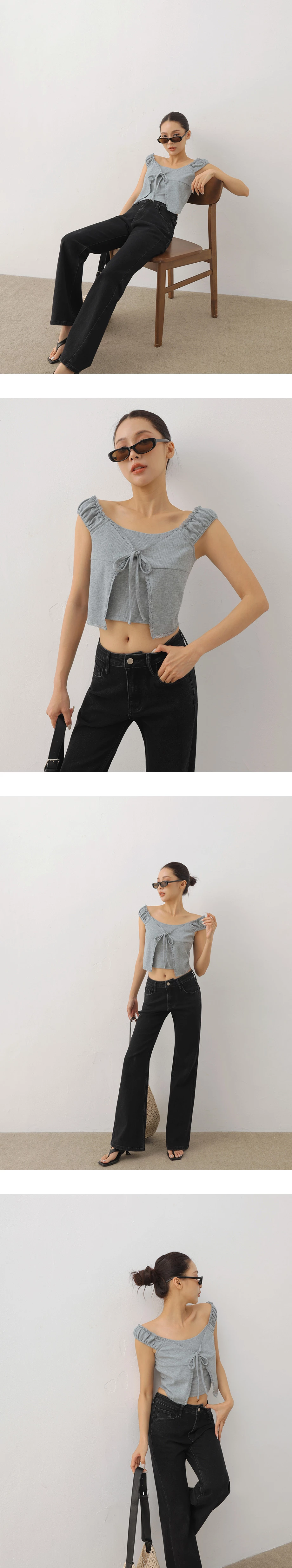 假兩件大圓領蕾絲滾邊綁帶羅紋短袖短版上衣