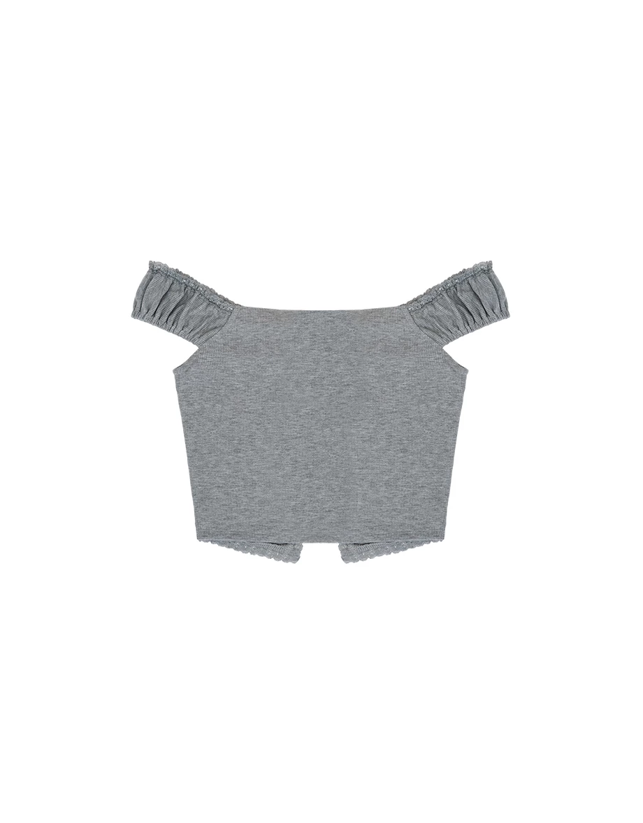 假兩件大圓領蕾絲滾邊綁帶羅紋短袖短版上衣