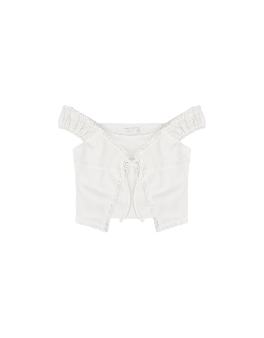 假兩件大圓領蕾絲滾邊綁帶羅紋短袖短版上衣