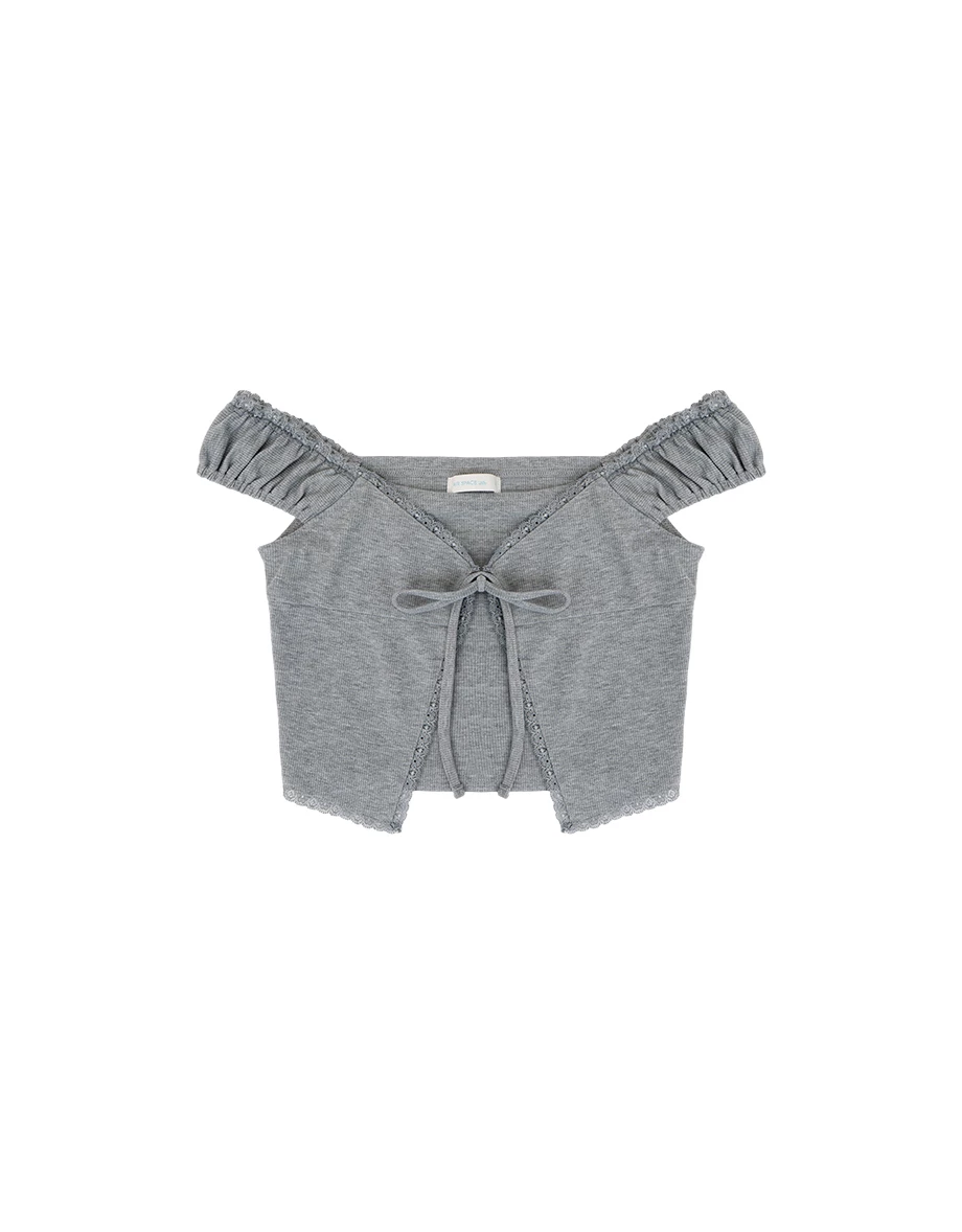 假兩件大圓領蕾絲滾邊綁帶羅紋短袖短版上衣