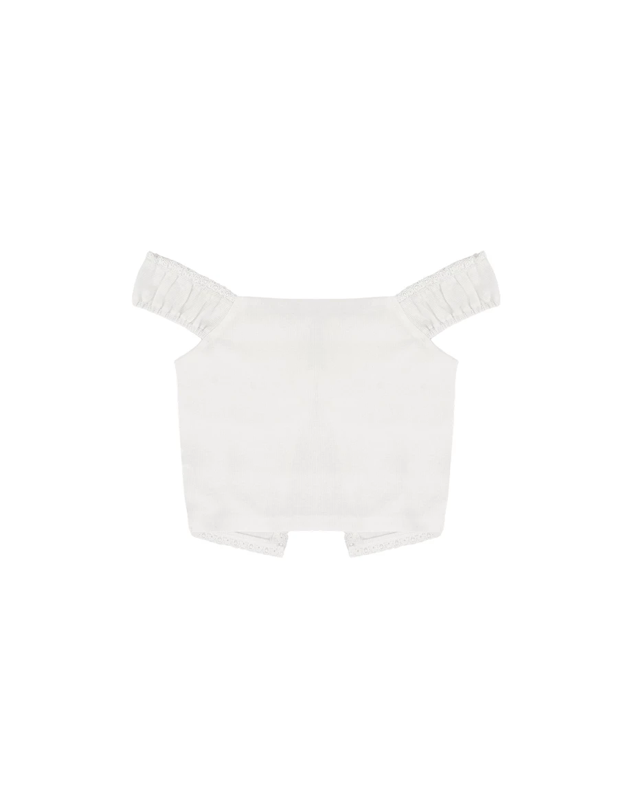 假兩件大圓領蕾絲滾邊綁帶羅紋短袖短版上衣