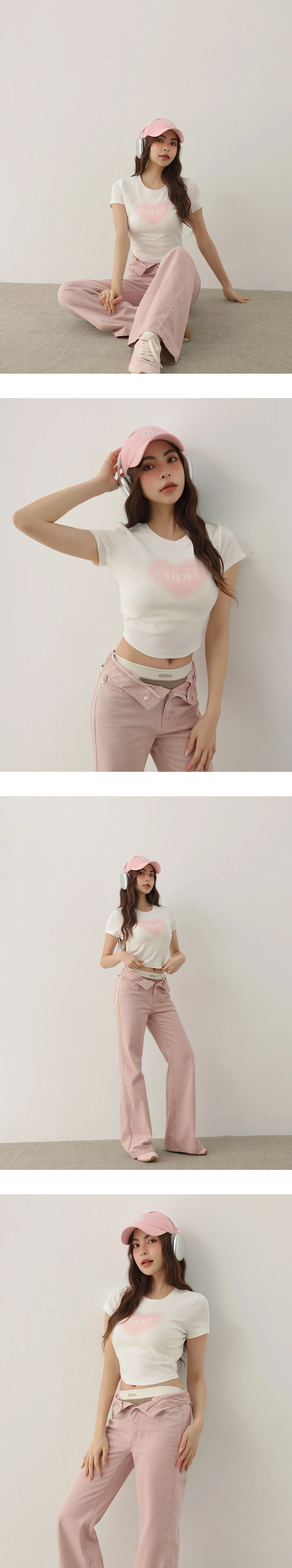 圓領愛心字母印花短袖短版TEE