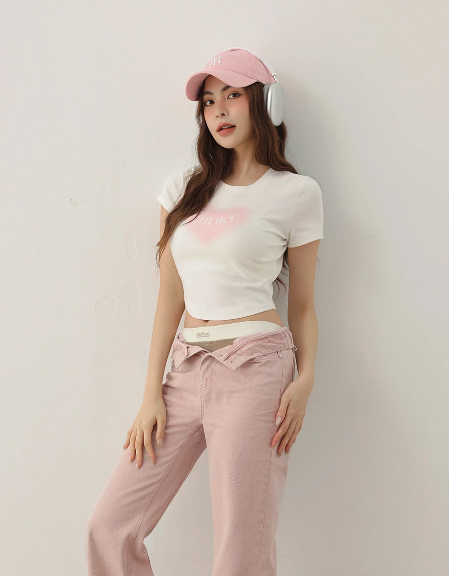 圓領愛心字母印花短袖短版TEE