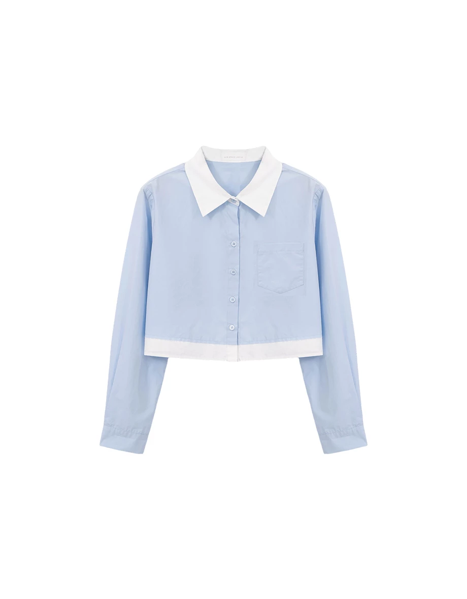 撞色拼接單口袋長袖短版襯衫