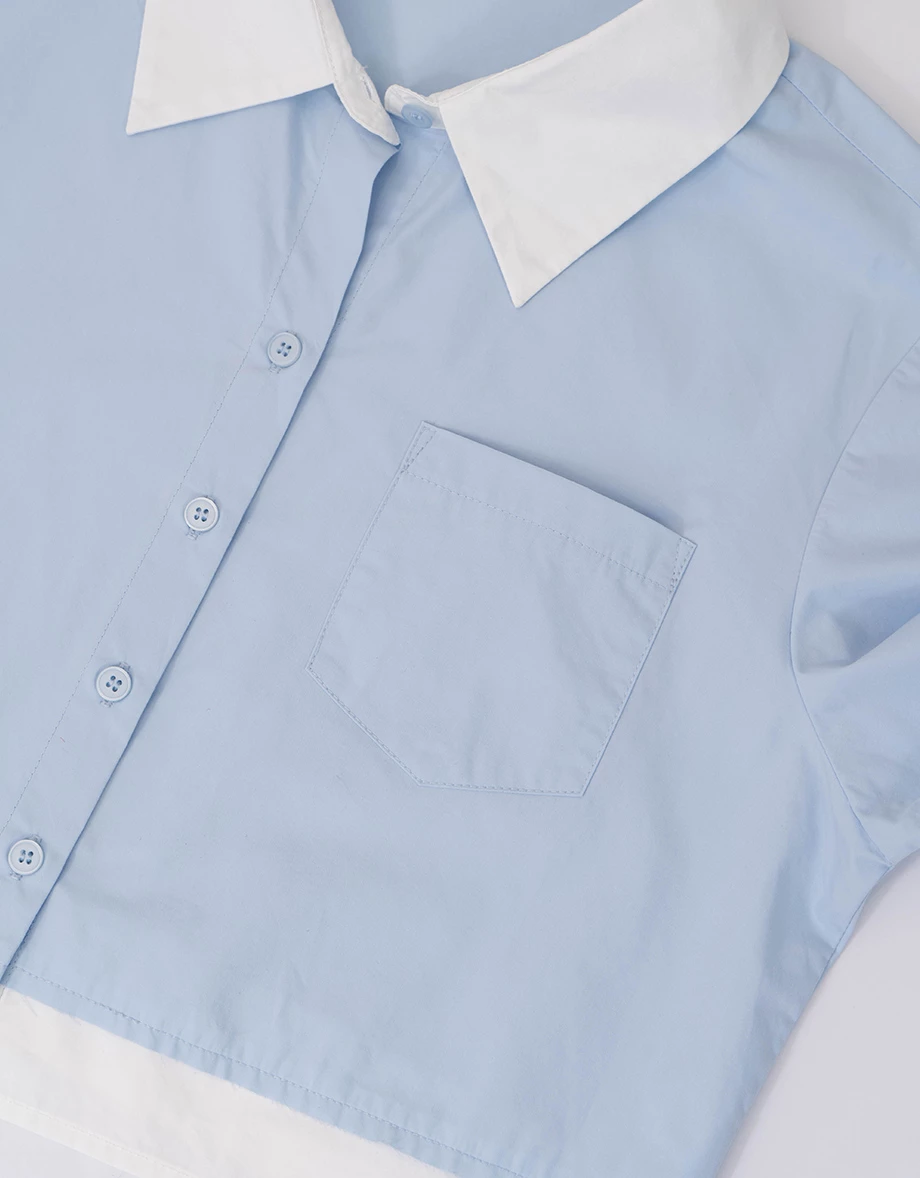 撞色拼接單口袋長袖短版襯衫