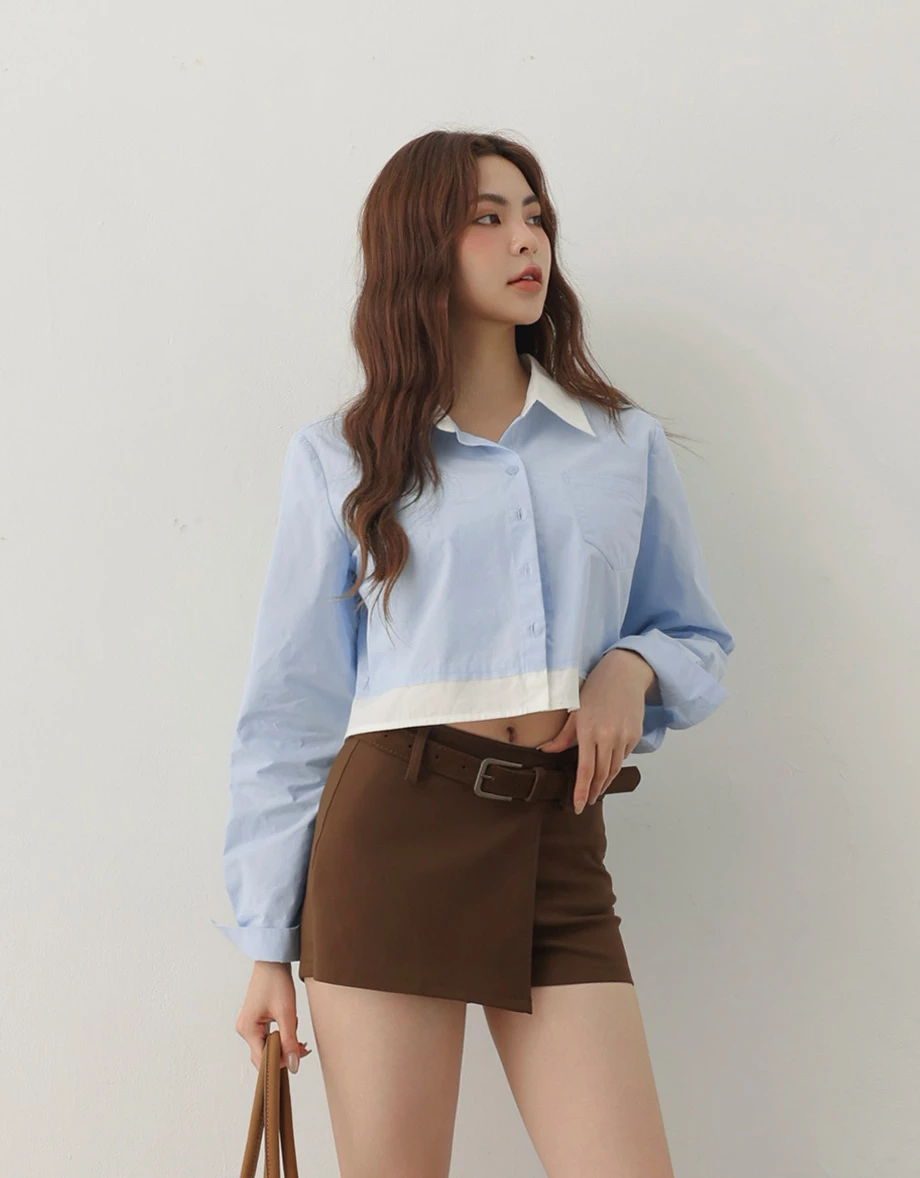 撞色拼接單口袋長袖短版襯衫