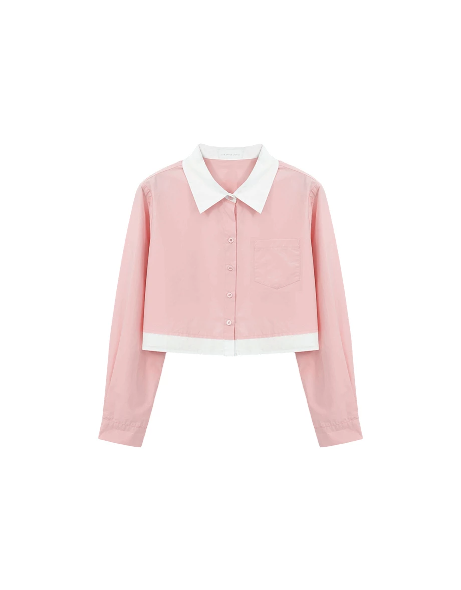 撞色拼接單口袋長袖短版襯衫