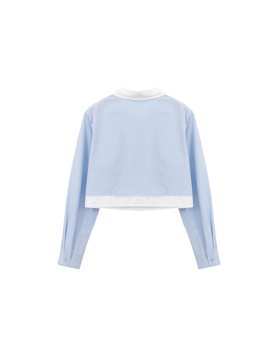 撞色拼接單口袋長袖短版襯衫