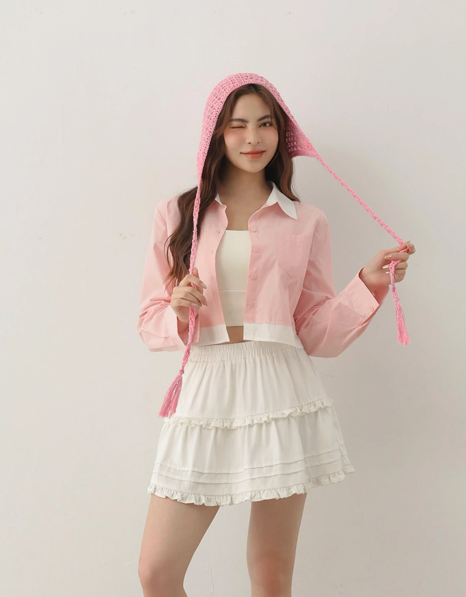 撞色拼接單口袋長袖短版襯衫