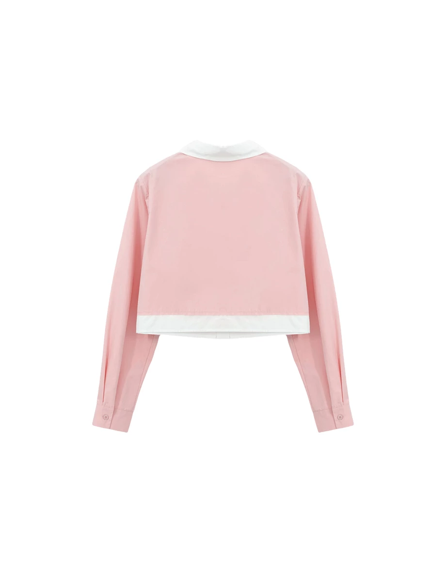 撞色拼接單口袋長袖短版襯衫