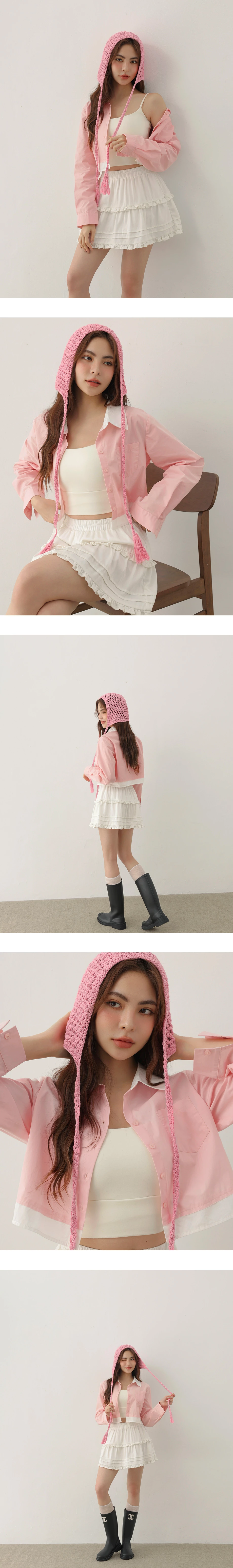 撞色拼接單口袋長袖短版襯衫