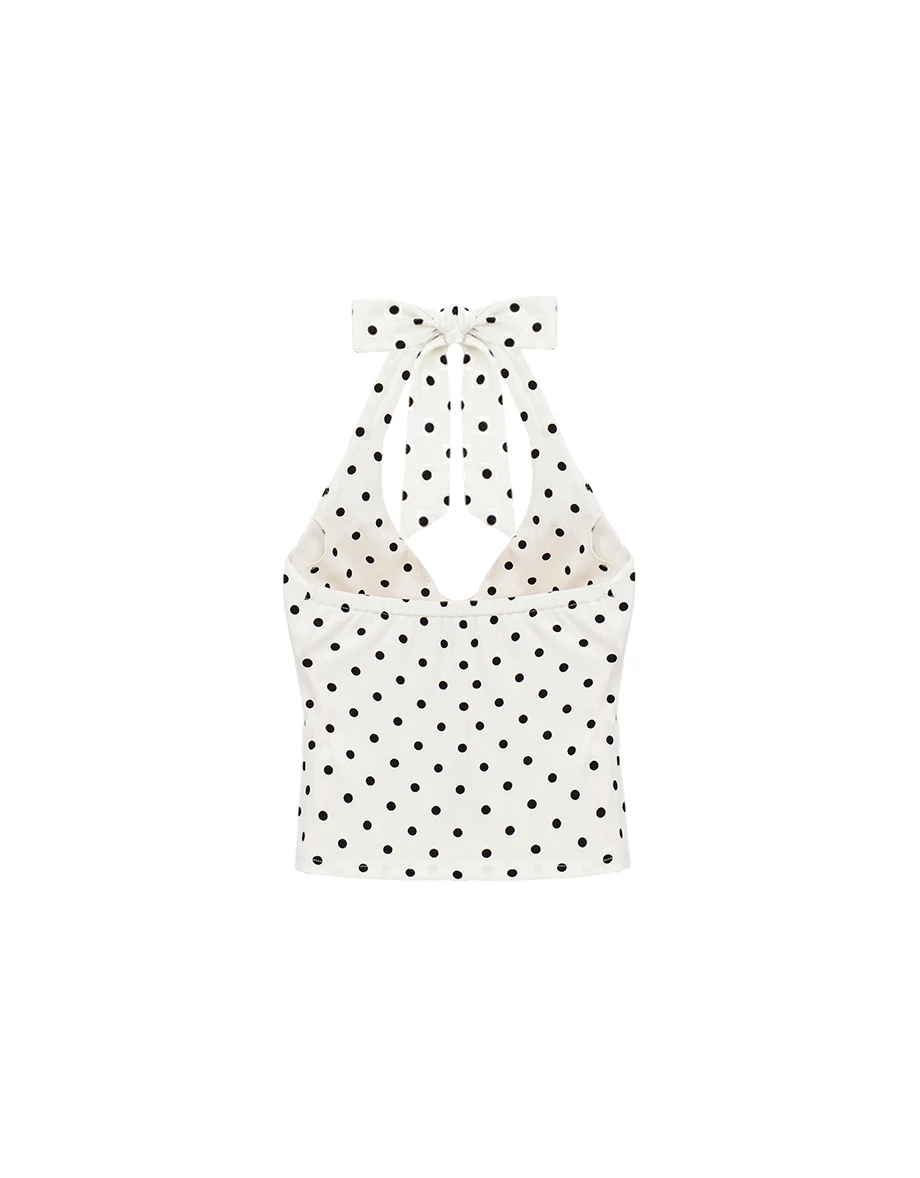 Retro Polka Dot Print Tie Back Padded Halter Bra Top