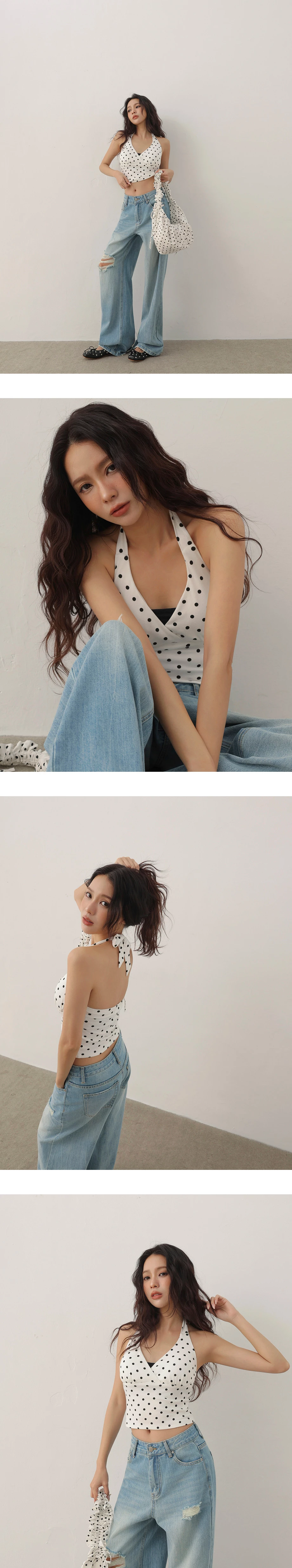 Retro Polka Dot Print Tie Back Padded Halter Bra Top