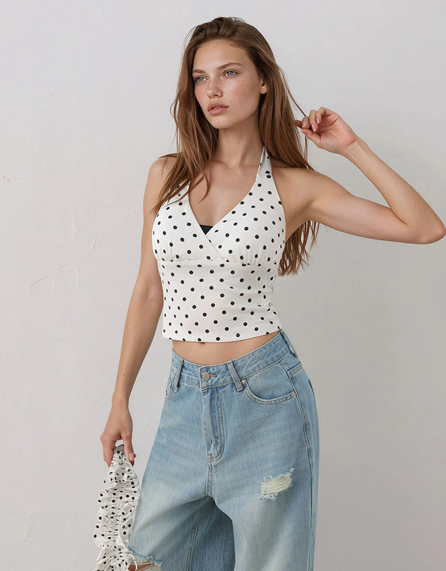 Retro Polka Dot Print Tie Back Padded Halter Bra Top