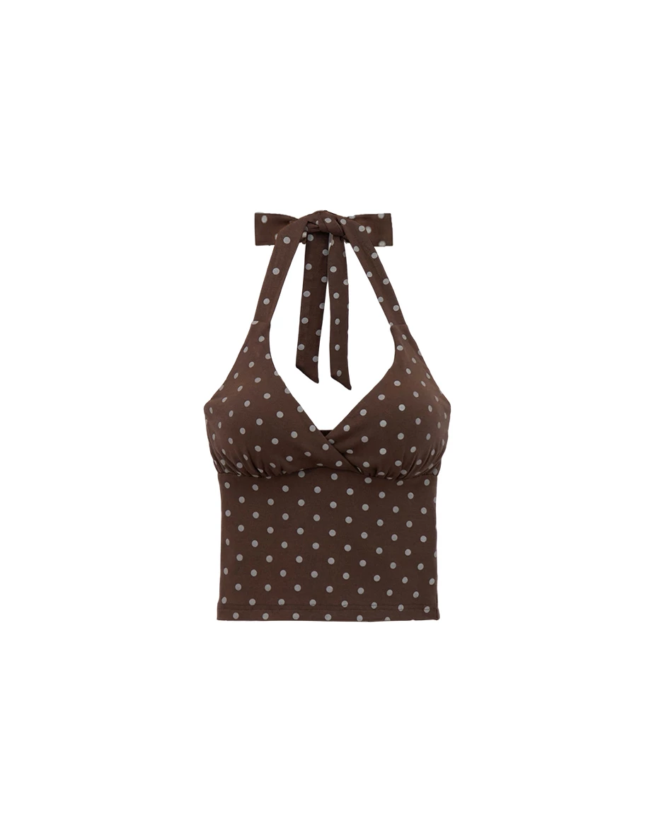 Retro Polka Dot Print Tie Back Padded Halter Bra Top