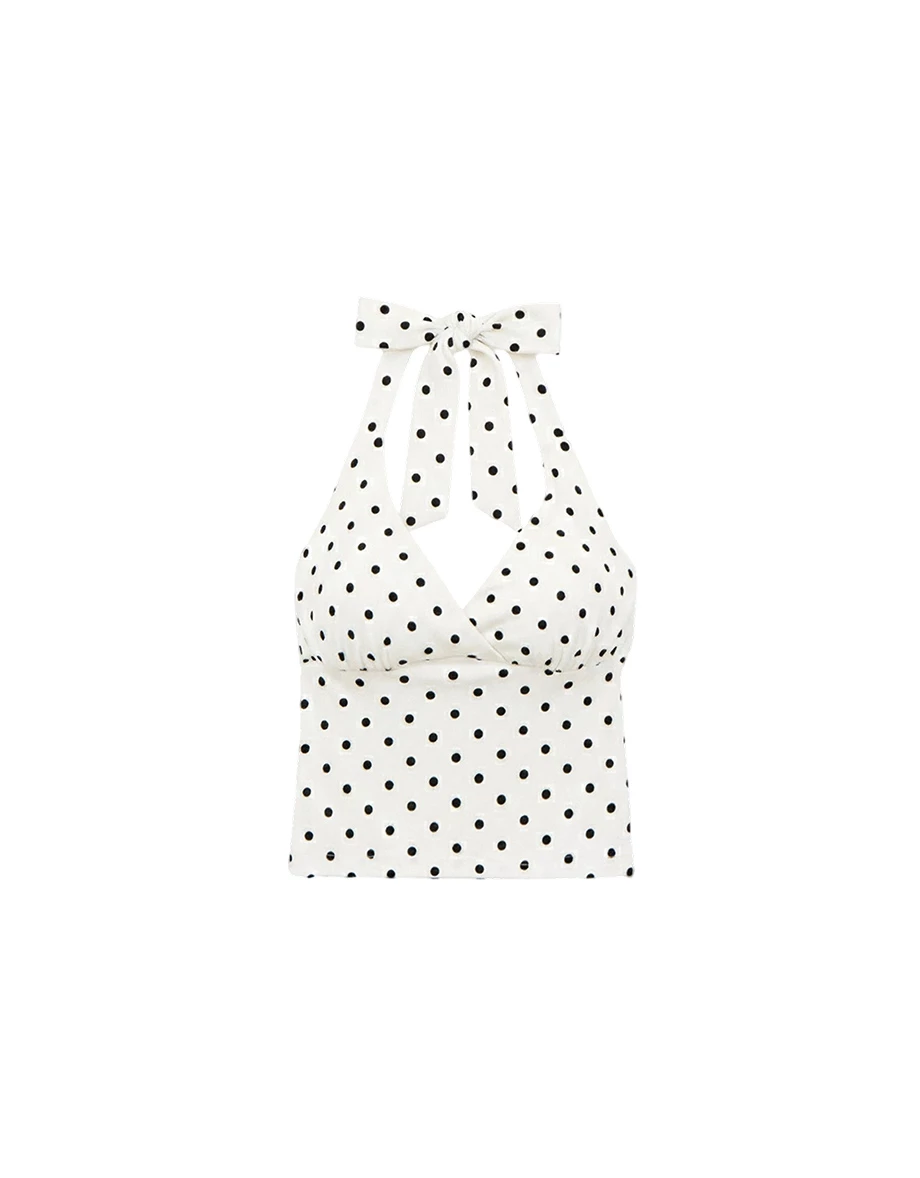 Retro Polka Dot Print Tie Back Padded Halter Bra Top