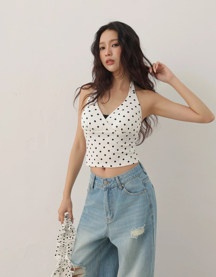 Retro Polka Dot Print Tie Back Padded Halter Bra Top