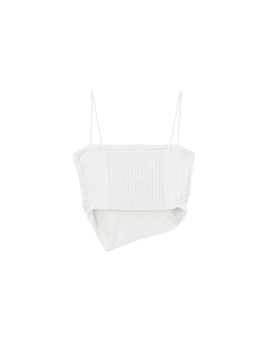 波浪條紋緹花不對稱下擺短版平口細肩帶背心(附胸墊)