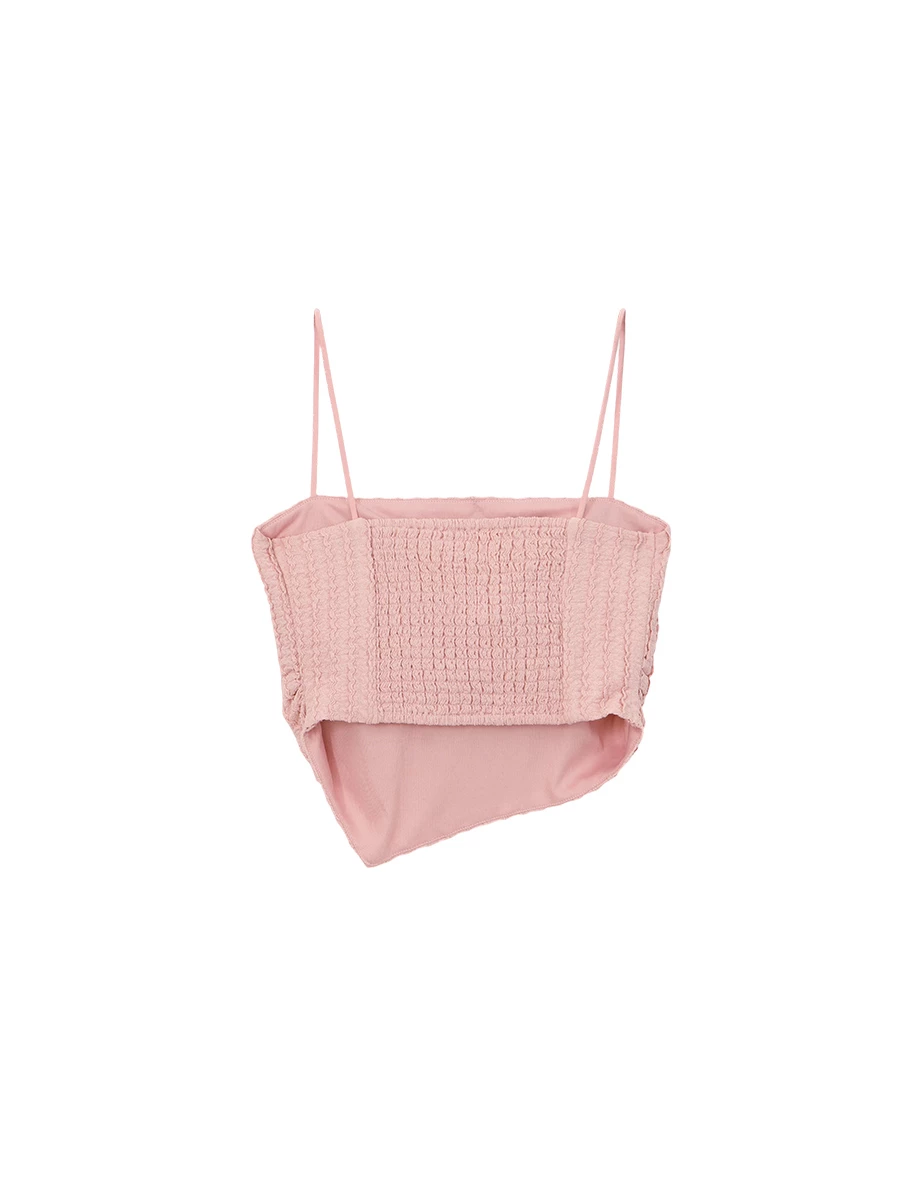 波浪條紋緹花不對稱下擺短版平口細肩帶背心(附胸墊)