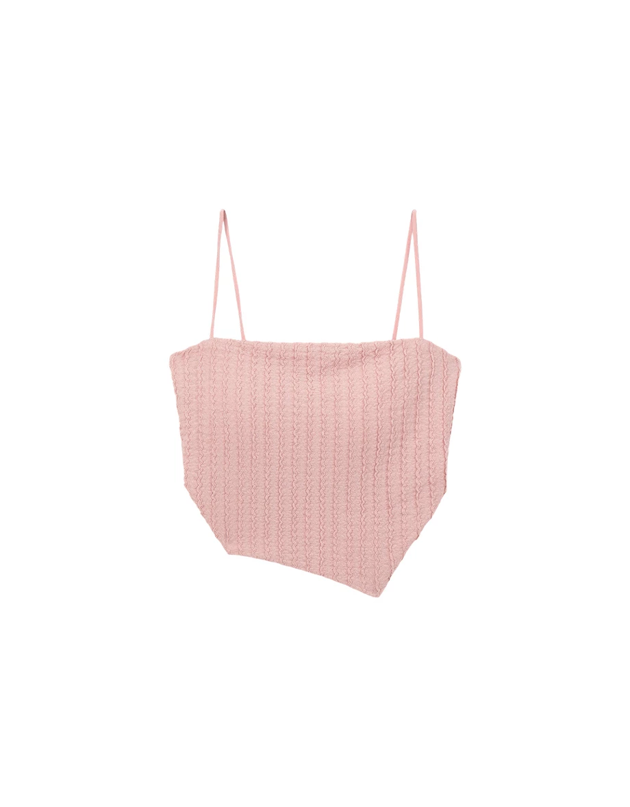 波浪條紋緹花不對稱下擺短版平口細肩帶背心(附胸墊)