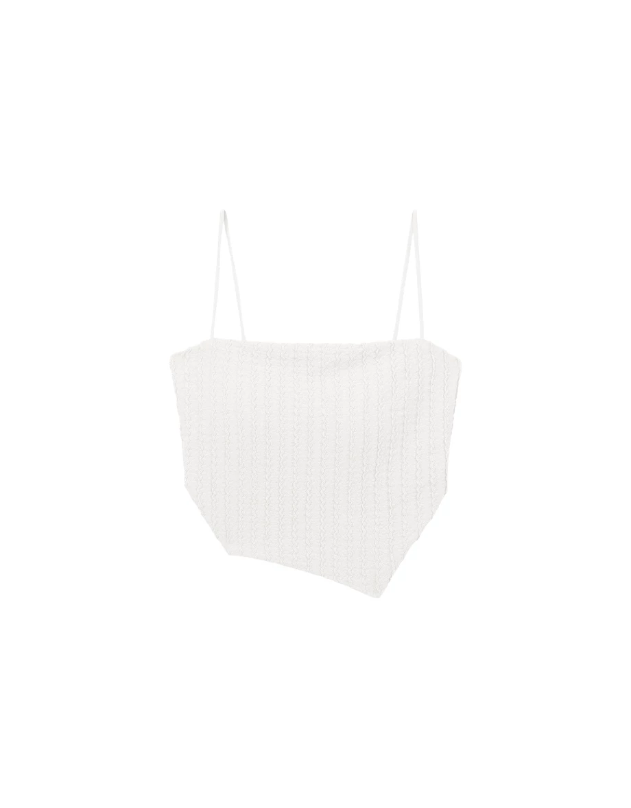 波浪條紋緹花不對稱下擺短版平口細肩帶背心(附胸墊)