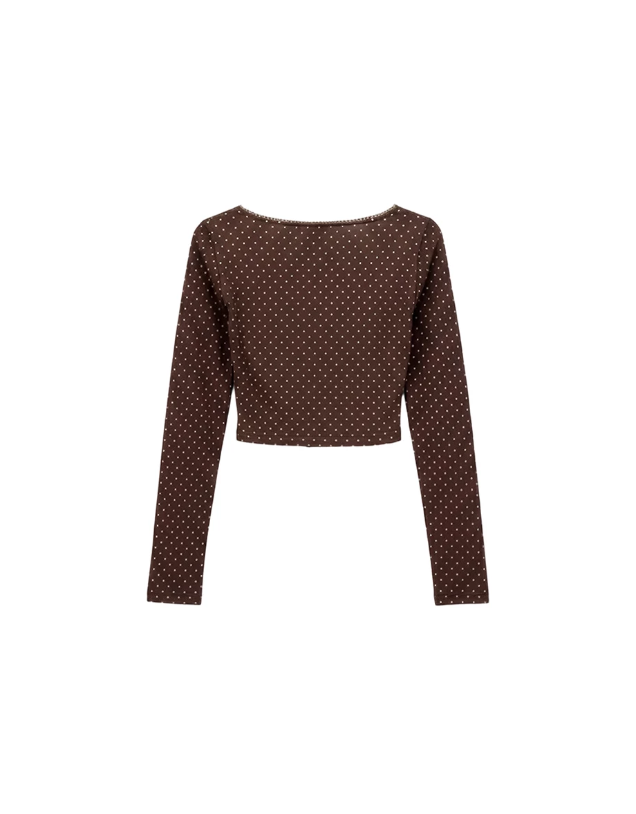 Button Front Polka Dot Square Neck Lace Trim Top