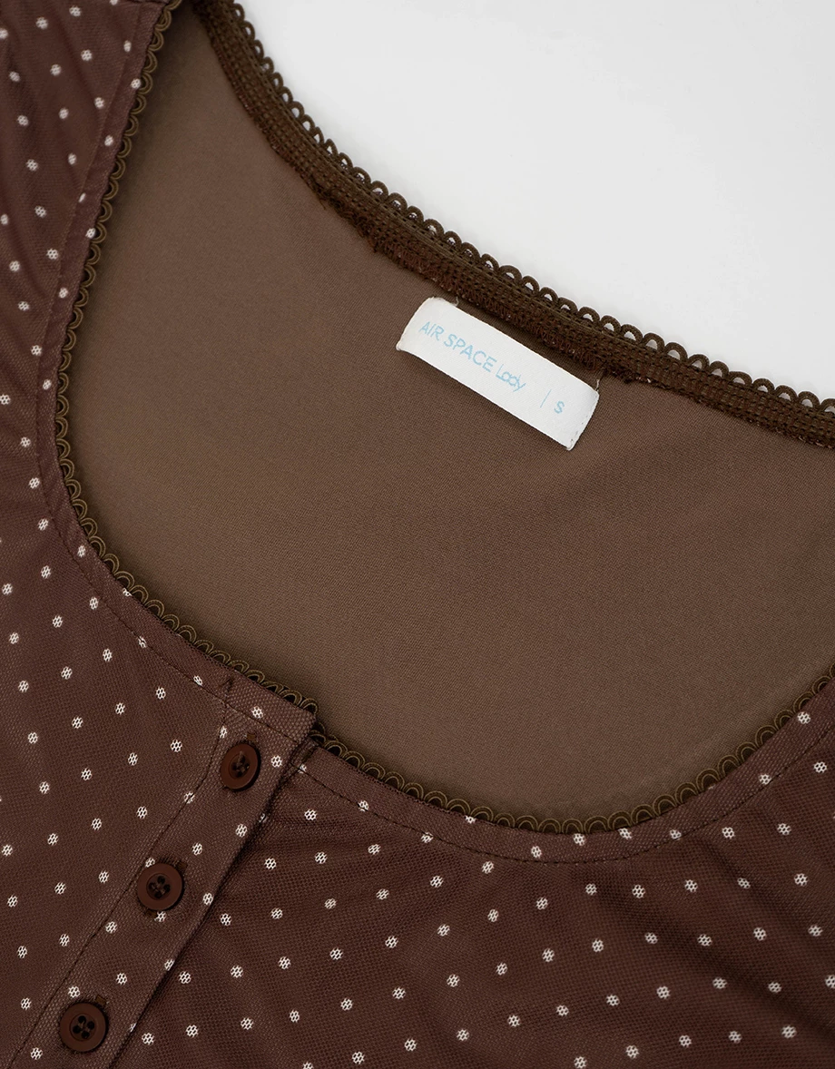 Button Front Polka Dot Square Neck Lace Trim Top