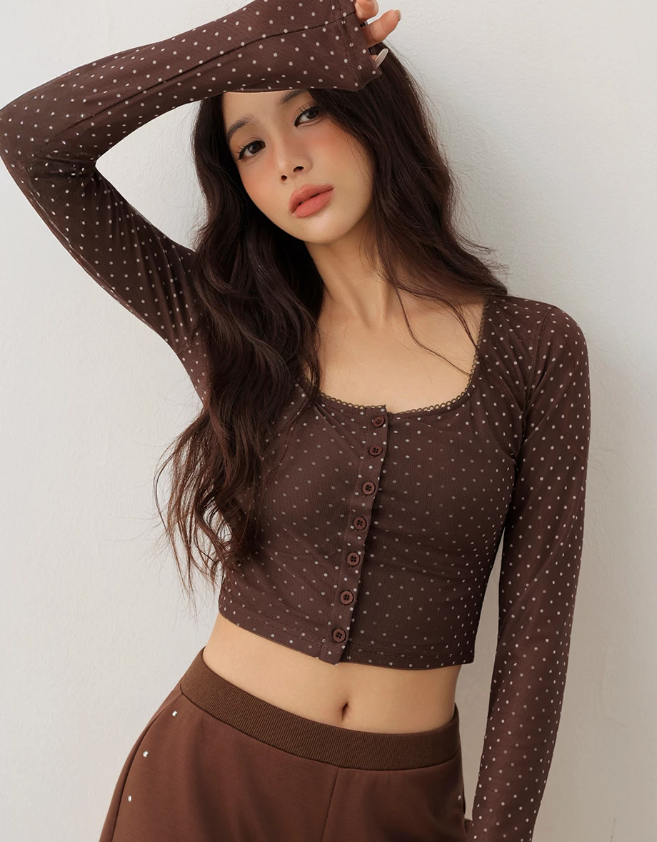 Button Front Polka Dot Square Neck Lace Trim Top