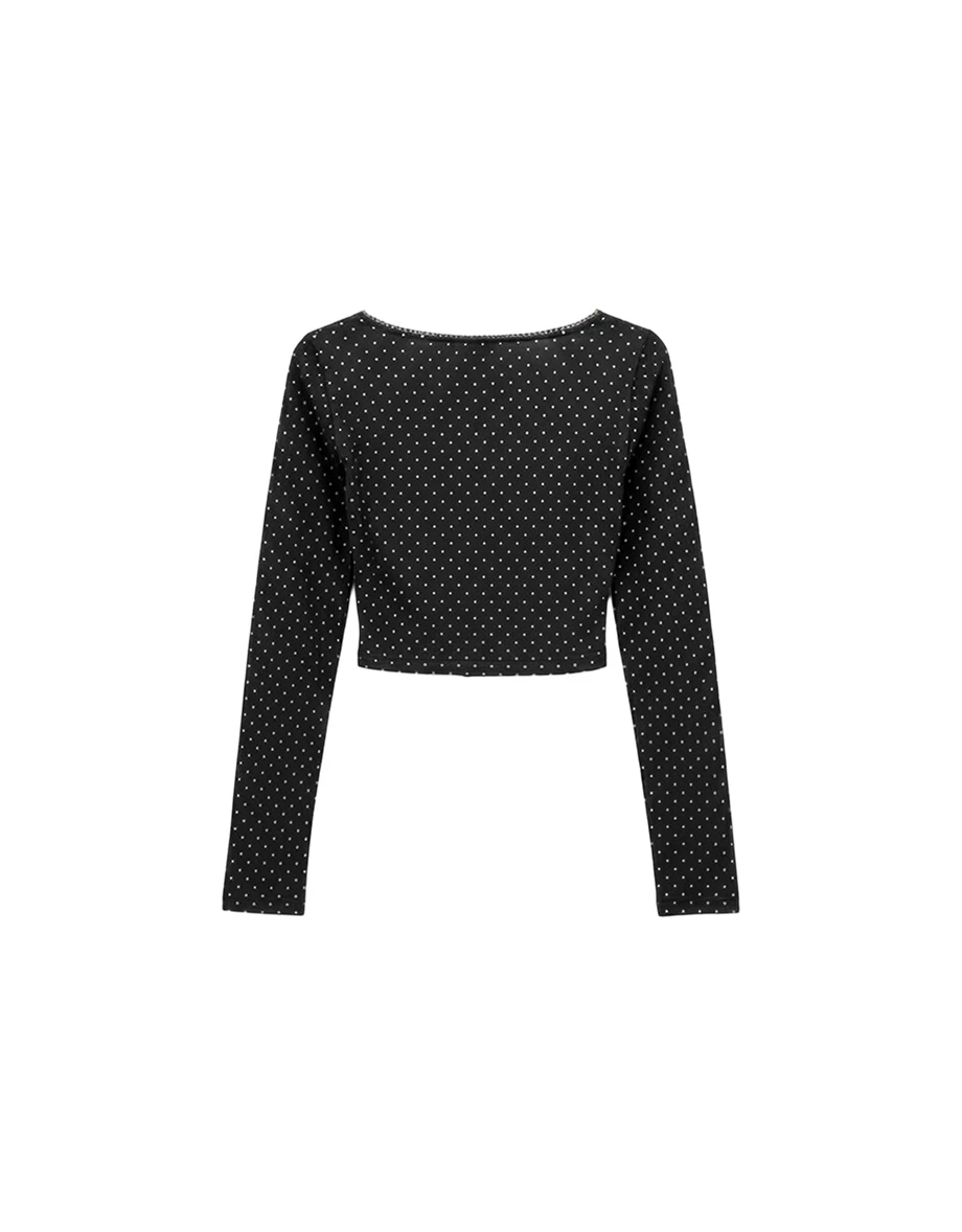 Button Front Polka Dot Square Neck Lace Trim Top