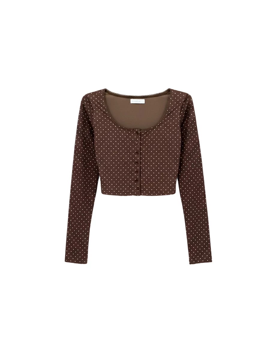 Button Front Polka Dot Square Neck Lace Trim Top