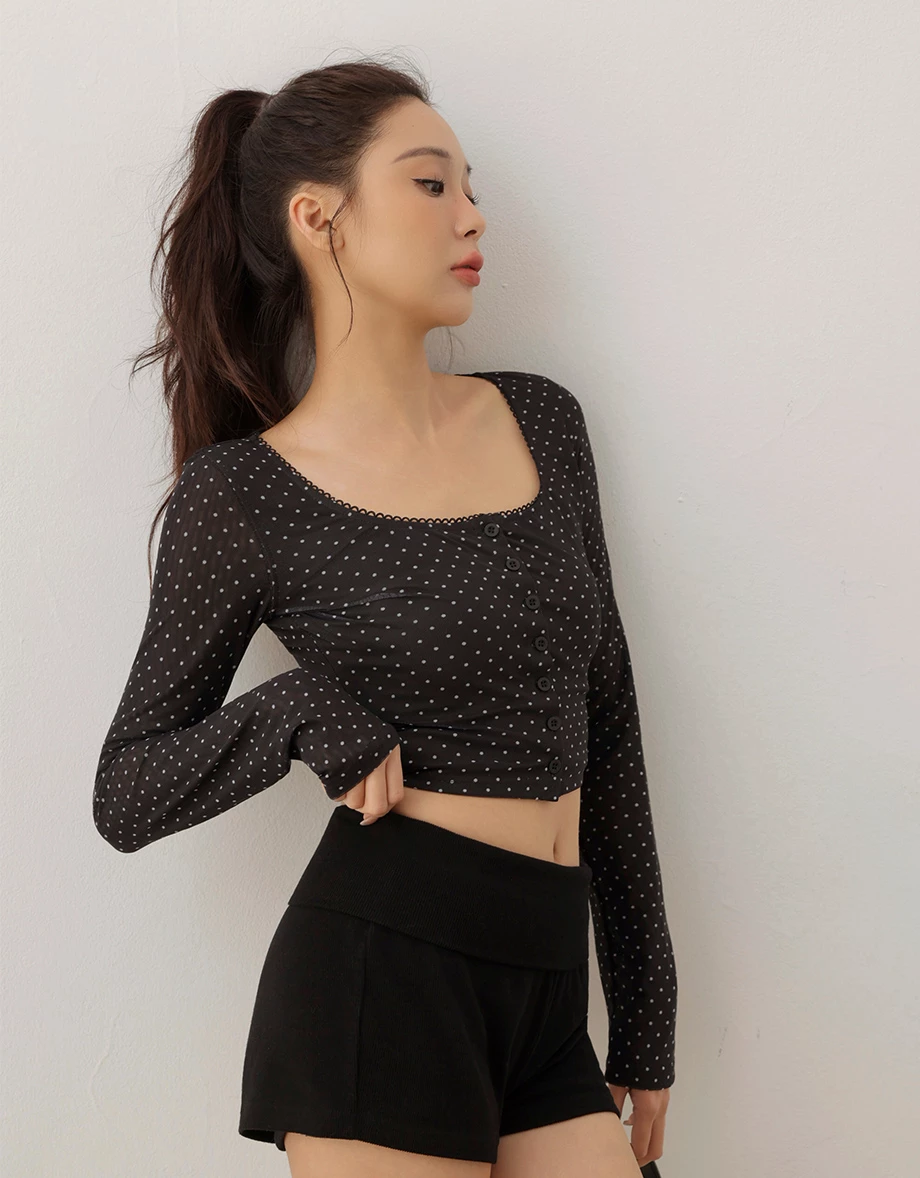 Button Front Polka Dot Square Neck Lace Trim Top